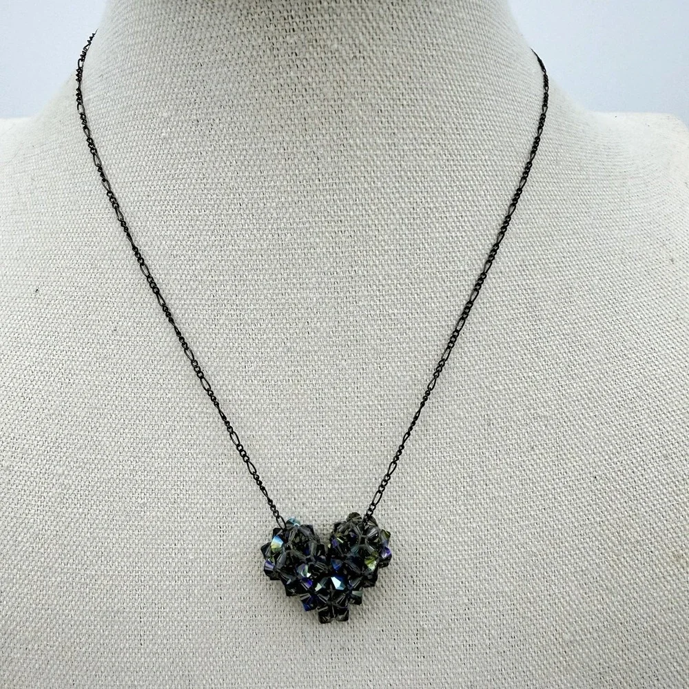 Vtg Swarovski Cluster Heart‎ Necklace Sterling Silver 925 Peacock AB Crystals